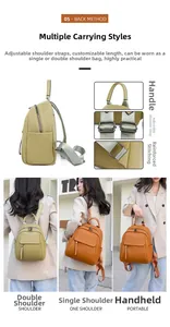 Detail view of olive and orange soft leather backpack showing straps and textures