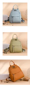 Detailed comparison of soft leather women's backpacks in light blue, green, and orange colors