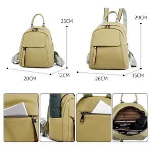 Green soft leather backpack for women with size chart showing small and large dimensions