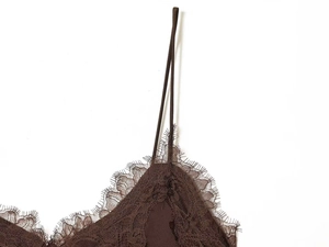 Close-up of eyelash lace detail and spaghetti straps on a dark brown camisole top