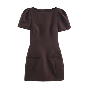 Minimalist coffee brown short sleeve puff sleeve dress with pockets and boat neckline