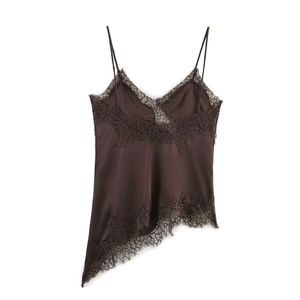 Detailed view of chocolate satin camisole with delicate lace trim and asymmetric hemline