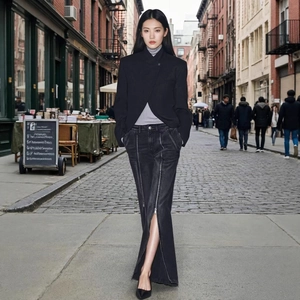 Women Commuter Stand Collar Black Blazer And Wide Leg Pants Set Solid Polyester Casual Elegant Two Piece Suit