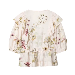 Vue arrière du chemisier floral pour filles avec volants et manches lanternes en rose tendre