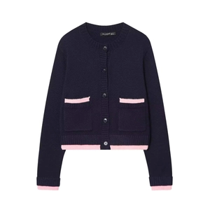 Women's dark blue striped knit cardigan with pink contrast trim and round neck