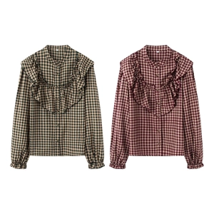 Women Vintage Gingham Plaid Long Sleeve Blouse Ruffle Trim Stand Collar Button Front Casual Loose Shirt Top