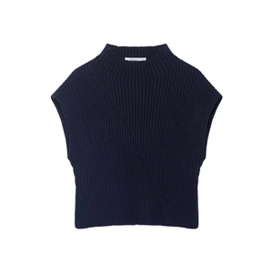 Gilet en maille côtelée bleu marine pour femme avec col montant et ourlet croisé