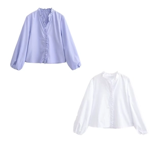 Chic long sleeve V-neck blouse with ruffle trim details in white and purple colors