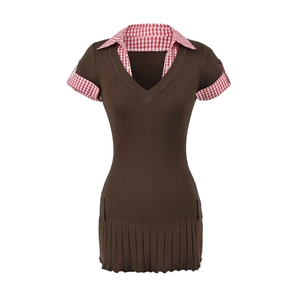 Slim fit brown knit short sleeve dress with plaid collar and pleated hem design