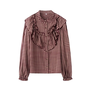 Deep red and beige plaid long sleeve shirt with vintage ruffle V-trim detail