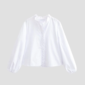 Elegant white long sleeve shirt with ruffle V-neck collar and pleated button front details
