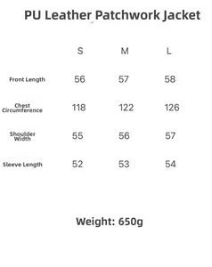 Size chart for the PU leather patchwork jacket showing S, M, and L measurements