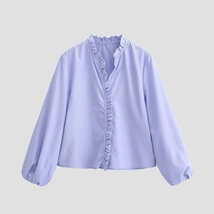Lavender V-neck blouse with ruffle trim and elegant lantern sleeves for women