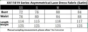 Tableau des tailles détaillé pour robe asymétrique en dentelle avec mesures du buste