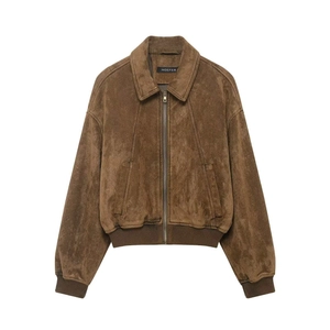 Giacca Bomber Donna Vintage Effetto Scamosciato Revers Cerniera Casual Manica Lunga Capospalla Marrone Retro Cappotto Largo