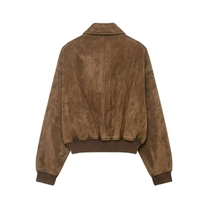 Vista posteriore di un bomber vintage in finta pelle scamosciata marrone con polsini