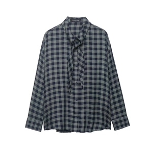Women's Long Sleeve Plaid Shirt With Pussy Bow Tie Neck Casual Loose Button Down Checked Blouse Office Tops Clothing