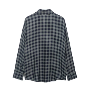 Deep green plaid long-sleeve shirt for women featuring a classic loose gingham check pattern