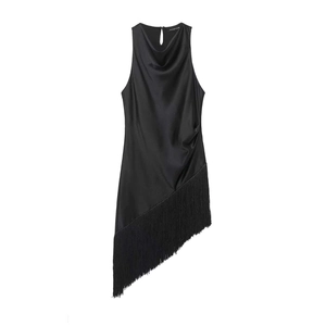Chic black sleeveless satin dress with cowl neck and asymmetric fringe trim details