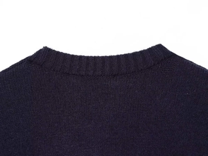Detailed view of navy blue round neckline with ribbed knitting on the autumn sweater