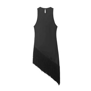Women's black sleeveless dress featuring asymmetric long fringe hem and back slit closure