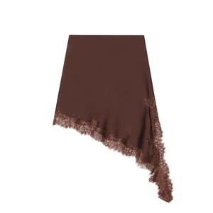 Gonna Corta Donna Marrone Scuro Asimmetrica Con Bordo In Pizzo Look Satinato Elegante Vita Alta Estiva Casual
