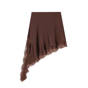 Gonna asimmetrica in raso marrone scuro con bordo in pizzo e taglio irregolare per donna