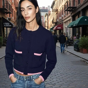 Women Casual Navy Blue Knit Cardigan Pink Contrast Piping Round Neck Long Sleeve Single Breasted Sweater Top