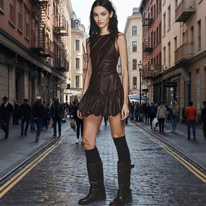 Robe Courte en Cuir PU Sans Manches pour Femmes Ourlet Bulle Chic Couleur Unie Fermeture Éclair Dos Élégante Robe Gilet
