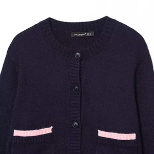 Women's dark blue striped knit cardigan sweater with round neck and pink pocket accents