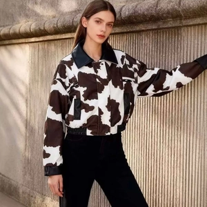 Women Vintage Cow Print Jacket PU Leather Patchwork Turn Down Collar Zipper Casual Short Coat Streetwear Fashion Outwear