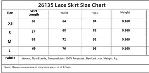 Size chart for lace hem satin skirt showing measurements in centimeters and kilograms