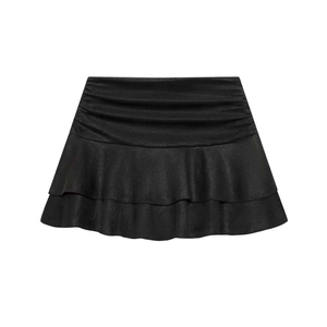 Jupe courte noire à volants avec taille plissée et ourlet multicouche pour l'été chic