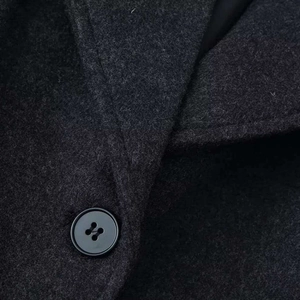 Deep grey wool blend long coat featuring a high-quality textured finish and black buttons
