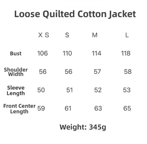 Size guide for hexagonal quilted cotton jacket showing bust and sleeve measurements