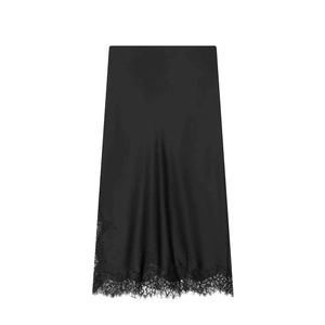 Elegant black satin midi skirt featuring delicate lace hem and smooth silk-like finish