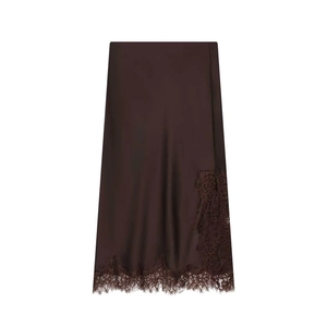Elegant dark brown satin midi skirt featuring delicate eyelash lace trim and silk-like finish
