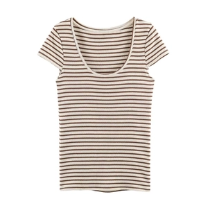 Women's Casual Striped Short Sleeve T-Shirt Ribbed Knit U-Neck Commuter Style Brown Beige Summer Loose Fit Basic Fashion Top