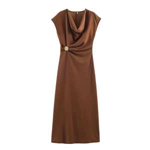 Brown sleeveless midi dress with elegant cowl neck and gold buckle waist detail