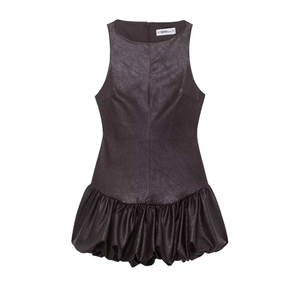 Robe Courte Sans Manches en Similicuir Élégante pour Femme Couleur Unie Col Rond Ourlet Bulle Ligne A Robe de Soirée