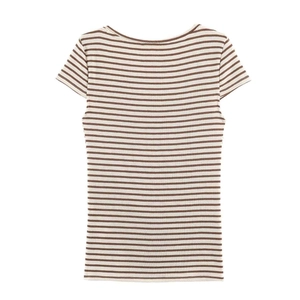 Classic brown and white striped short sleeve T-shirt with U-neck in ribbed cotton fabric