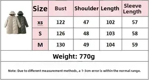 Detailed size chart for hooded winter down jacket featuring XS to M dimensions and weight info