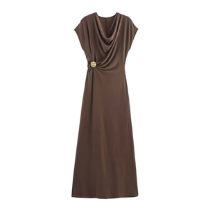 Chocolate brown cowl neck sleeveless maxi dress with gold floral waist detail decoration