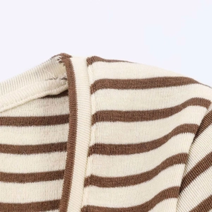 Close-up of neckline stitching and brown striped knit texture on U-neck T-shirt