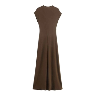 Detail view of the back of a dark brown sleeveless maxi dress with textured fabric