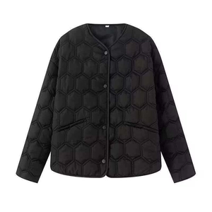 Lightweight black quilted jacket with unique hexagonal pattern and crew neck for women