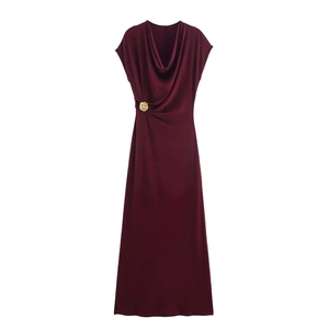 Elegant wine red satin midi dress with a cowl neck and gold flower waist brooch