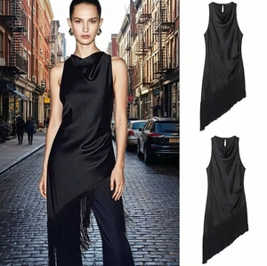 Women Elegant Black Satin Sleeveless Cowl Neck Top With Asymmetrical Fringe Hem Sexy Keyhole Back Party Blouse For Lady