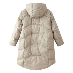 Women's stylish beige hooded long puffer jacket with premium quilted insulation