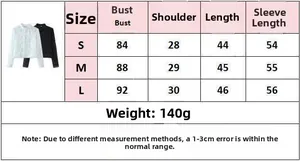 Detailed size chart for the long sleeve lace top showing measurements for S, M, and L